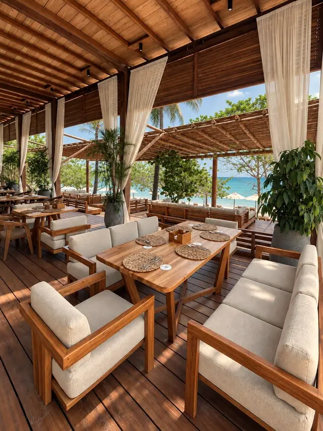 Dining area under a cane roof with wooden tables facing the sea