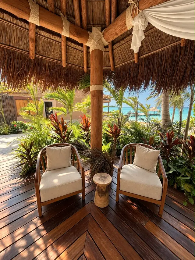 Two rattan chairs under a palm roof among tropical plants