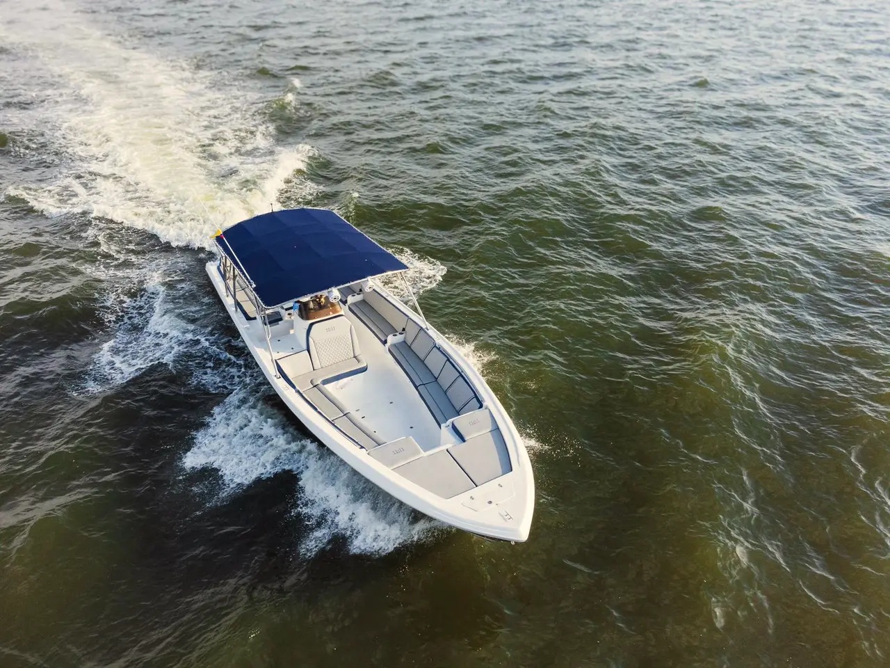 Aerial view of a white boat with a blue canopy cruising over green water