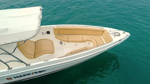 Elevated view of the bow with a built-in sofa over turquoise water