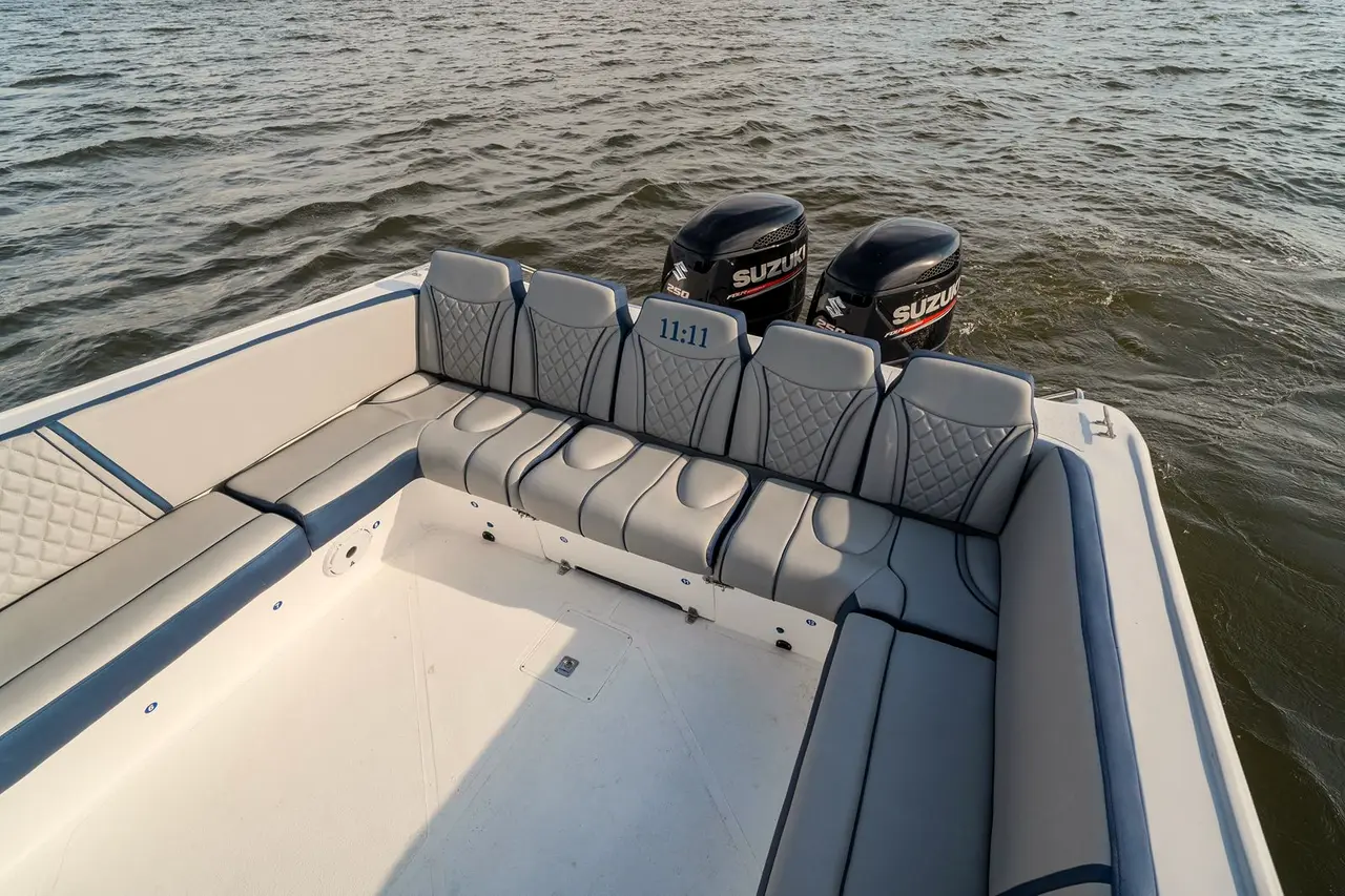 Stern seating and two outboard engines on a boat